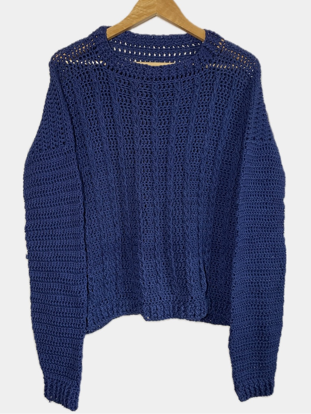 Handmade Wool Crochet Sweater NWOT Heavy Chunky Pullover Blue L Coastal Rustic